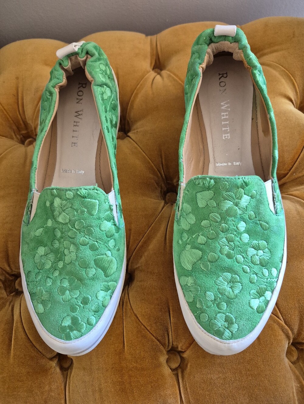 Ron White Italy Green Floral Embroidered Suede Platform SlipOn Sneakers 37